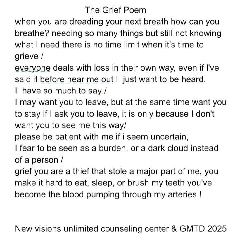 Printed collective poem titled The Grief Poem